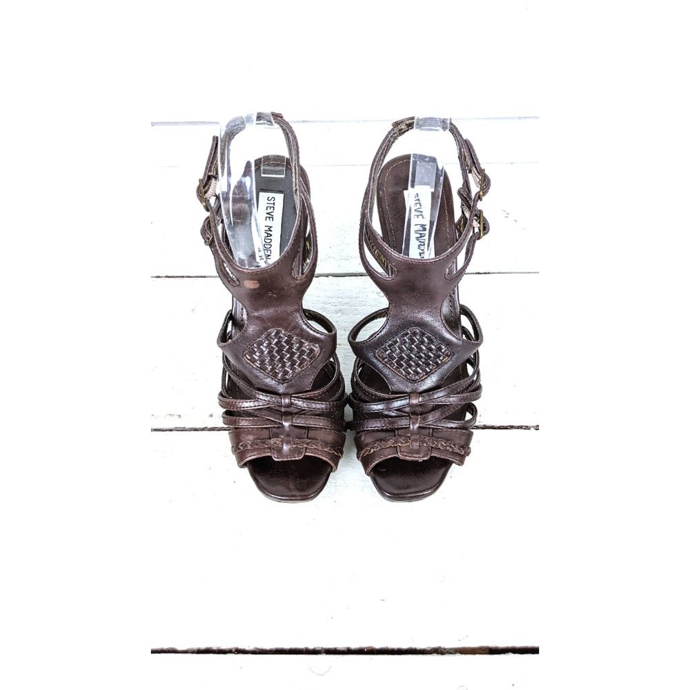 Steve Madden brown leather strappy peep toe platform high heel sandals